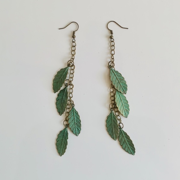 Mint Green~Bronze Quad Leaf Chain Earrings - Picture 2 of 4